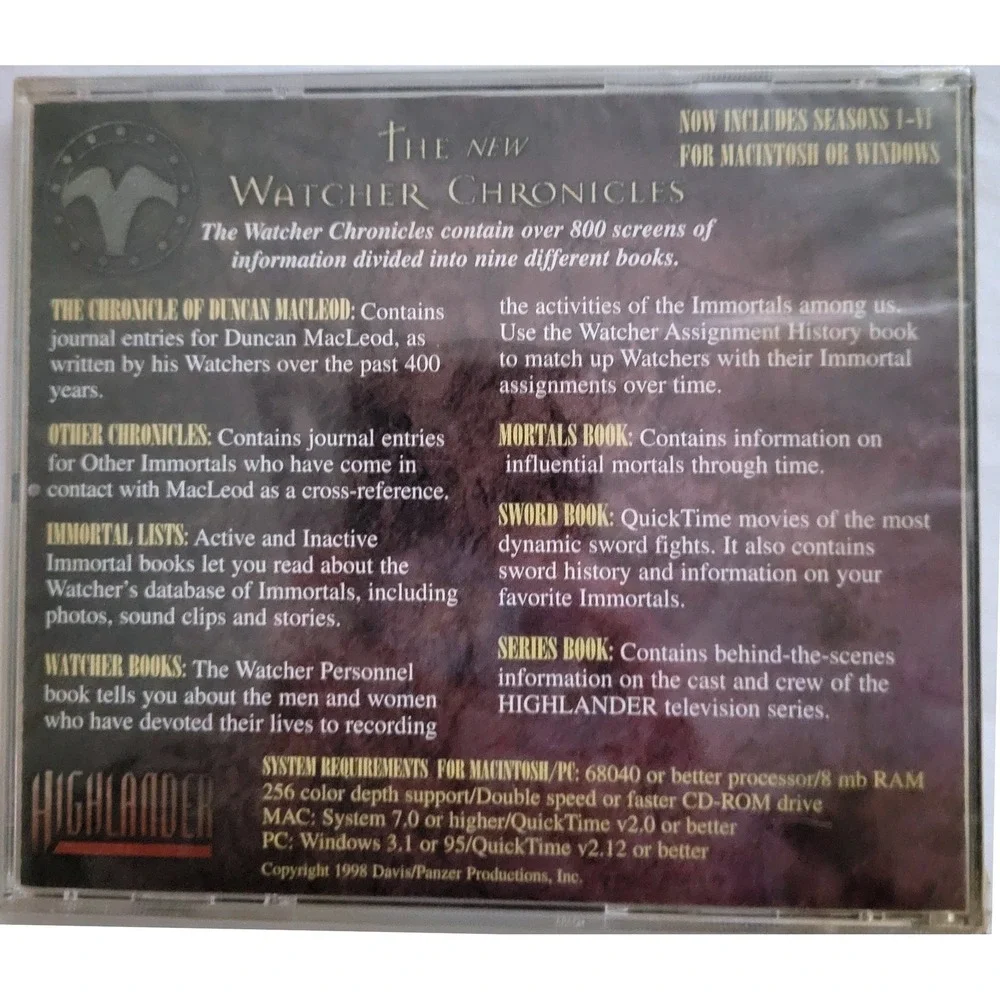 Vintage Highlander The New Watcher Chronicles PC Mac CD ROM 1998 New Sealed